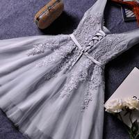 Grey V Neck Lace short prom dress,Cute A-line homecoming dresses - Thumbnail 3