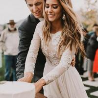 Bateau Long Sleeves A-Line Chiffon Wedding Dress with Lace - Thumbnail 3