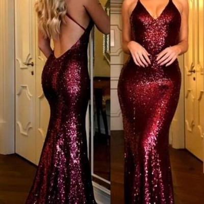 Sexy halter sequined burgundy cheap prom dresses ,sexy evening gowns - Thumbnail 5