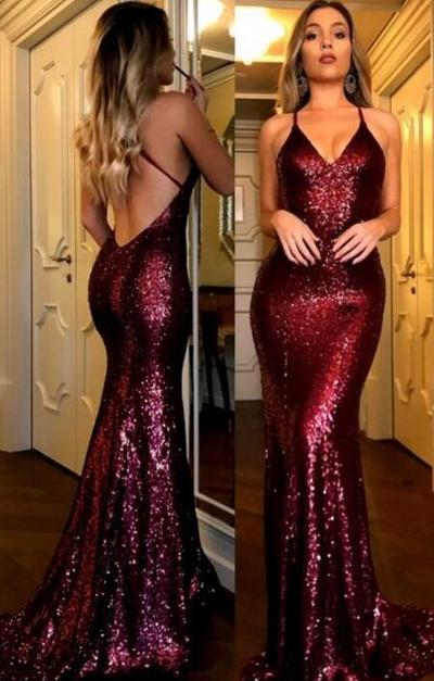 Sexy Halter Sequined Burgundy Cheap Prom Dresses ,Sexy Evening Gowns