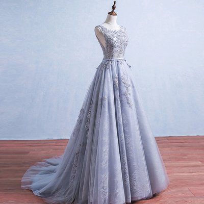  gray round neck tulle lace long prom dress, gray evening dress