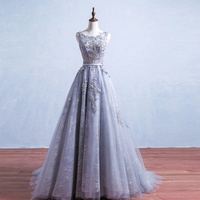  Gray round neck tulle lace long prom dress, gray evening dress - Thumbnail 1