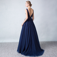 Dark blue v neck tulle lace long prom dress, gray evening dress - Thumbnail 2