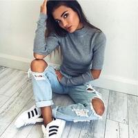 High Neck Cut-Out Long Sleeve Knit Top - Thumbnail 1