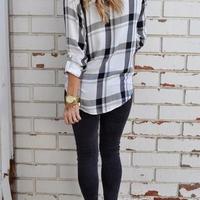 Sexy Black Plaid Flap Pockets Polo Shirt - Thumbnail 1