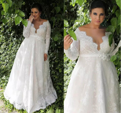 Long Sleeves Plus Size Wedding Dress  V Neck