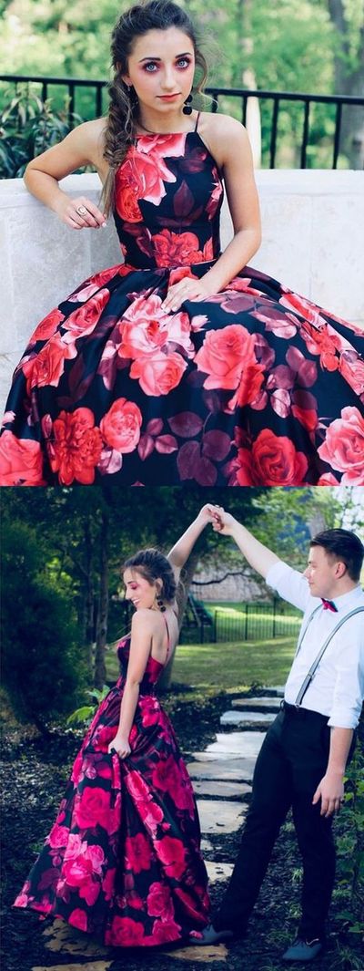 Spaghetti Straps A-Line Long Prom Dresses,Floral Print Evening Gown,Charming Formal Gown