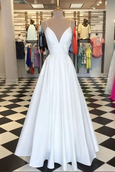 Simple A-Line Spaghetti Straps V Neck Long Prom Dresses,White Satin Formal Party Dresses 