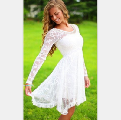 Solid Color Lace White Dress