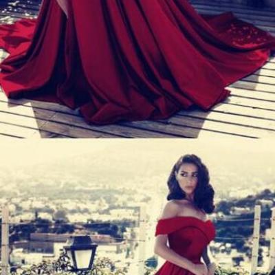 Sexy off shoulder slit burgundy stain prom dresses,long mermaid prom dress - Thumbnail 5