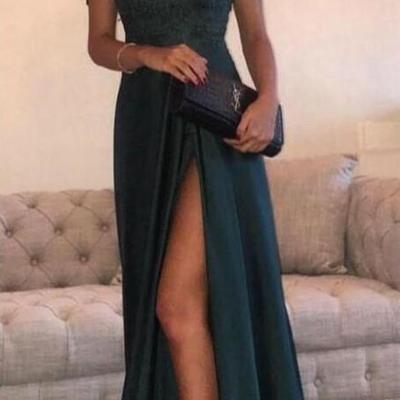 Off-the-shoulder high side split a line dark green prom dresses,sexy prom dresses formal dress - Thumbnail 5