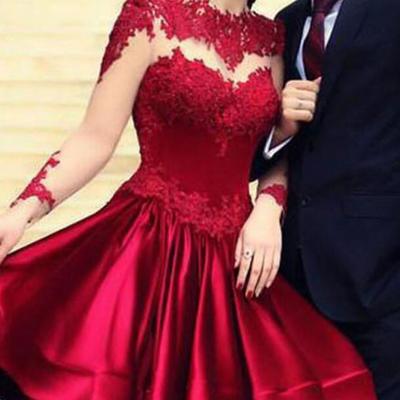 Elegant dark red long sleeves lace short prom homecoming dress  - Thumbnail 4