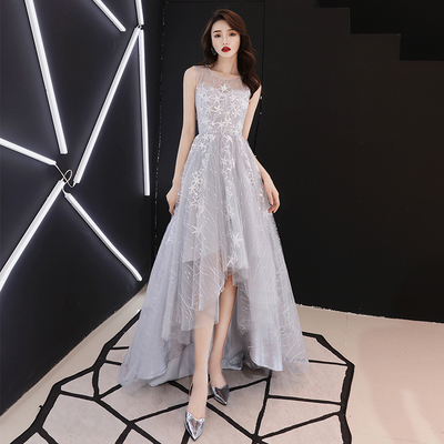 Gray tulle lace long prom dress, evening dress - Thumbnail 5