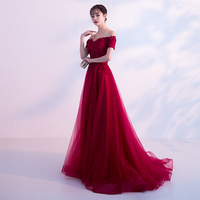 Burgundy lace tulle long prom dress, burgundy evening dress - Thumbnail 1