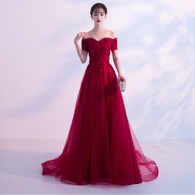 Burgundy lace tulle long prom dress, burgundy evening dress - Thumbnail 5