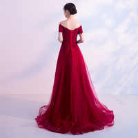 Burgundy lace tulle long prom dress, burgundy evening dress - Thumbnail 3