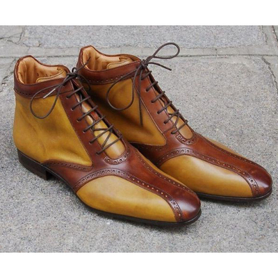 Hand crafted brown tan leather boot, men ankle boots designer casual denim boots - Thumbnail 5