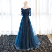 Dark blue tulle lace long prom dress, lace evening dress - Thumbnail 1