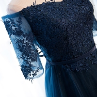 Dark blue tulle lace long prom dress, lace evening dress - Thumbnail 2