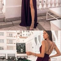 Sexy V Neck Cross Back Burgundy Chiffon Long Prom Dresses with Side Split,Evening party Dresses - Thumbnail 1