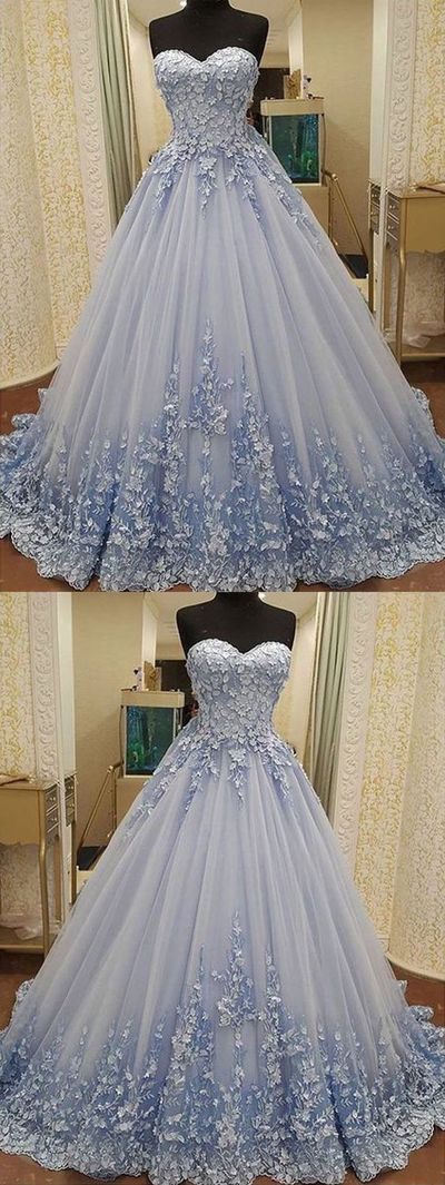 Gorgeous Ball Gown Sweetheart Light Blue Lace Long Prom Dresses with Appliques, Luxurious Quinceanera Dresses
