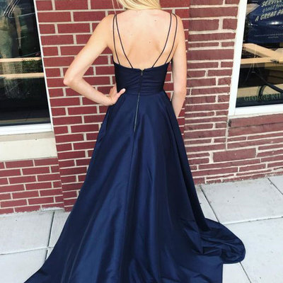 Spaghetti straps navy blue long prom dresses - Thumbnail 4