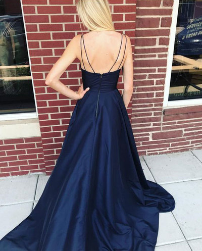 Spaghetti Straps Navy Blue Long Prom Dresses