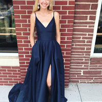 Spaghetti Straps Navy Blue Long Prom Dresses - Thumbnail 1