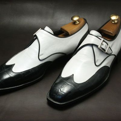 Handmade alligator texture toe shoe, men leather shoes, black white monk shoes - Thumbnail 5