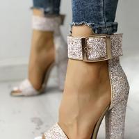 2018 Hot Stylish Sequin Open Toe Chunky Heeled Sandals G5700 - Thumbnail 2