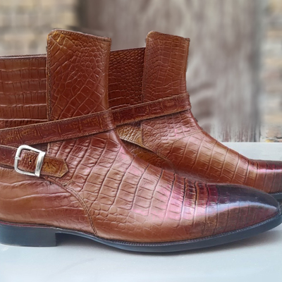 Jodhpurs alligator texture tan boots, men leather dress crocodile texture boot - Thumbnail 5