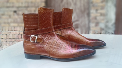 Jodhpurs alligator texture tan boots, men leather dress crocodile texture Boot