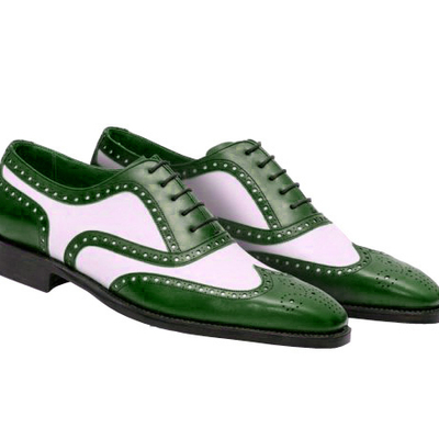 Two tone white green contrast oxford brogue toe black sole leather lace up shoes - Thumbnail 5