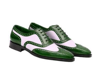 Two Tone White Green Contrast Oxford Brogue Toe Black Sole Leather Lace up Shoes
