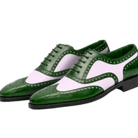 Two Tone White Green Contrast Oxford Brogue Toe Black Sole Leather Lace up Shoes - Thumbnail 1