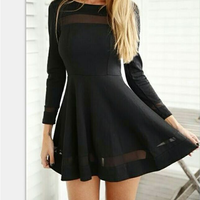 Round Neck Long-Sleeved Black Dress - Thumbnail 1