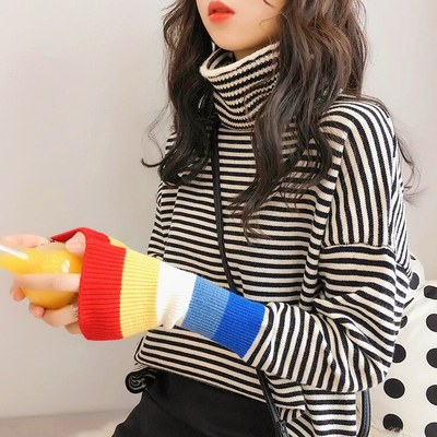 Turtleneck rainbow stripe sleeve knitted sweater - Thumbnail 5