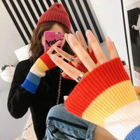 Turtleneck Rainbow Stripe Sleeve Knitted Sweater - Thumbnail 3
