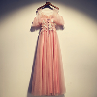 Pink round neck tulle lace long prom dress, pink evening dress - Thumbnail 3