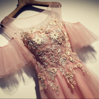 Pink round neck tulle lace long prom dress, pink evening dress - Thumbnail 2