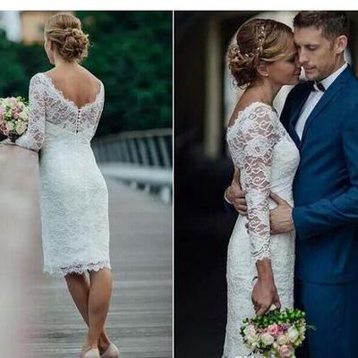 Elegant short summer lace wedding dresses knee length simple white ivory short sheath wedding dresses bridal gowns with long sleeves