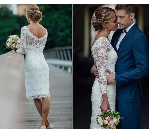 Elegant Short Summer Lace Wedding Dresses Knee Length Simple White Ivory Short Sheath Wedding Dresses Bridal Gowns With Long Sleeves