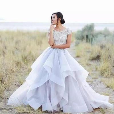 Charming a line wedding dresses sparkly beading top organza ruffles bridal dresses short sleeves wedding gowns