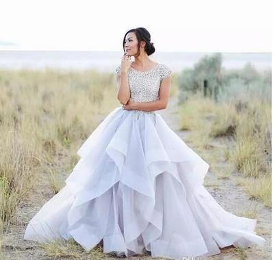 Charming A Line Wedding Dresses Sparkly Beading Top Organza Ruffles Bridal Dresses Short Sleeves Wedding Gowns