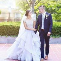 Charming A Line Wedding Dresses Sparkly Beading Top Organza Ruffles Bridal Dresses Short Sleeves Wedding Gowns - Thumbnail 2