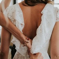 Bohemian Lace Wedding Dress/Ruffled Open Back Beige Lace Wedding Dress/Long Train Low Back Lace Wedding Dress/Boho Lace Wedding Dress - Thumbnail 1