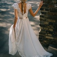 Bohemian Chiffon Ivory Wedding Dress/ Airy Chiffon and Lace Wedding Dress/ Bohemian Open Back Wedding Dress/ Lace Top/ Chiffon Skirt - Thumbnail 2