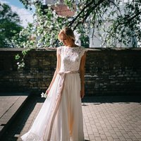 Bohemian Chiffon Ivory Wedding Dress/ Airy Chiffon and Lace Wedding Dress/ Bohemian Open Back Wedding Dress/ Lace Top/ Chiffon Skirt - Thumbnail 4