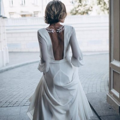 Ivory crepe open back wedding dress and handmade embellishments, long sleeve wedding dress with train, beach wedding dress, bridal