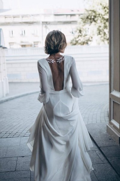 Ivory Crepe Open Back Wedding Dress and Handmade Embellishments, Long Sleeve Wedding Dress with Train, Beach Wedding Dress, Bridal